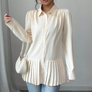Apricot Casual Women's Collar Pleated Hem Long Sleeve Blouse Shirt